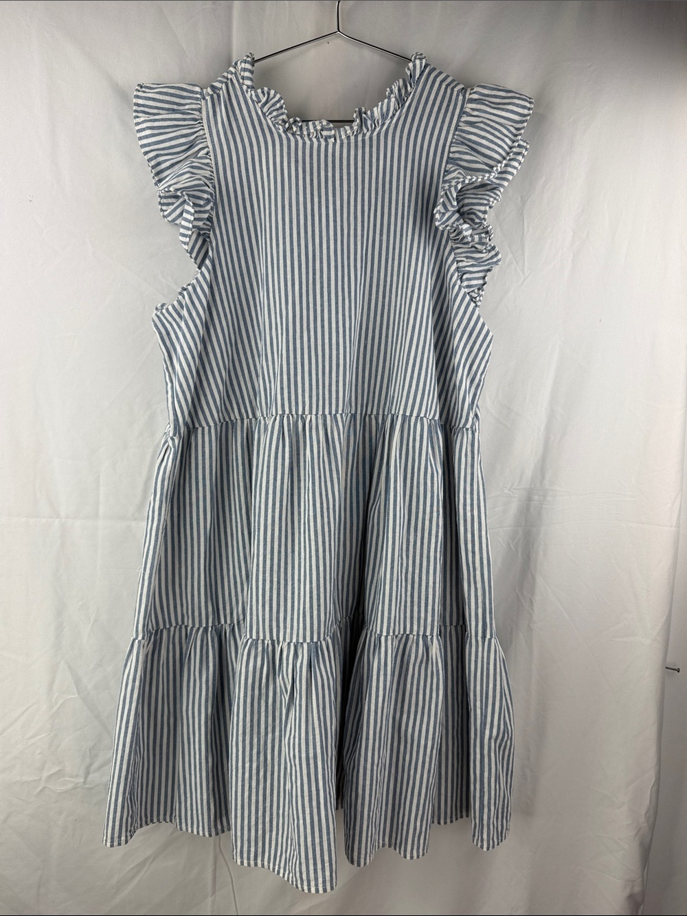 Mudpie Blue & White Striped Tiered Ruffle Sleeve Tie Back Size Large Kids Dress